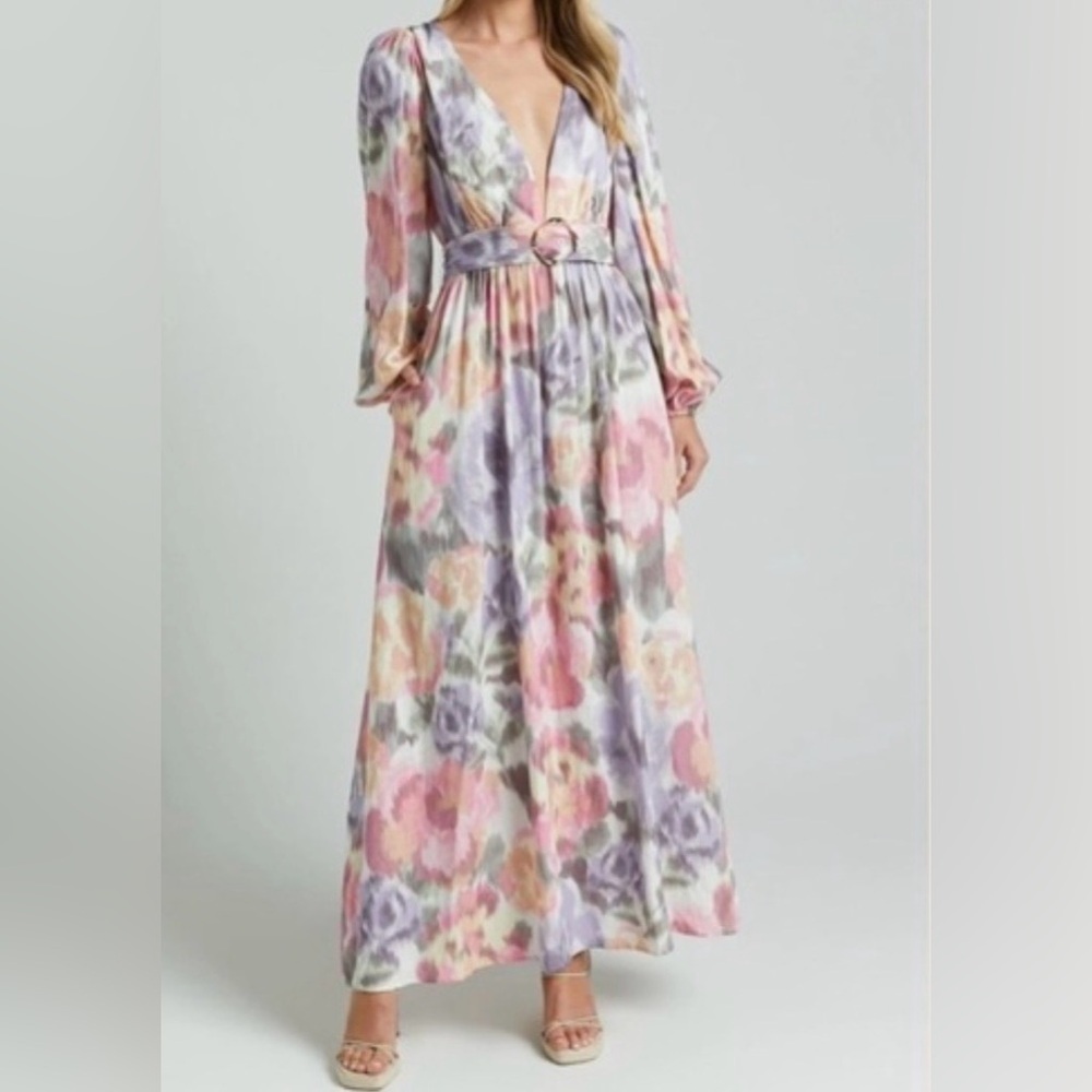 Amalie Floral Watercolor Maxi Dress in Pink, Lavender and Cream